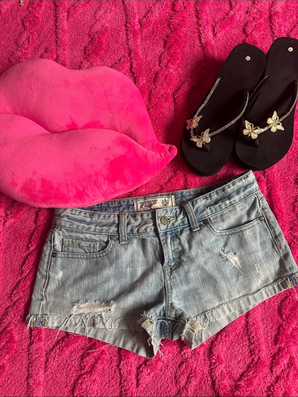 Y2K PINK Victoria's Secret Light Blue Distressed Denim Cutoff Shorts